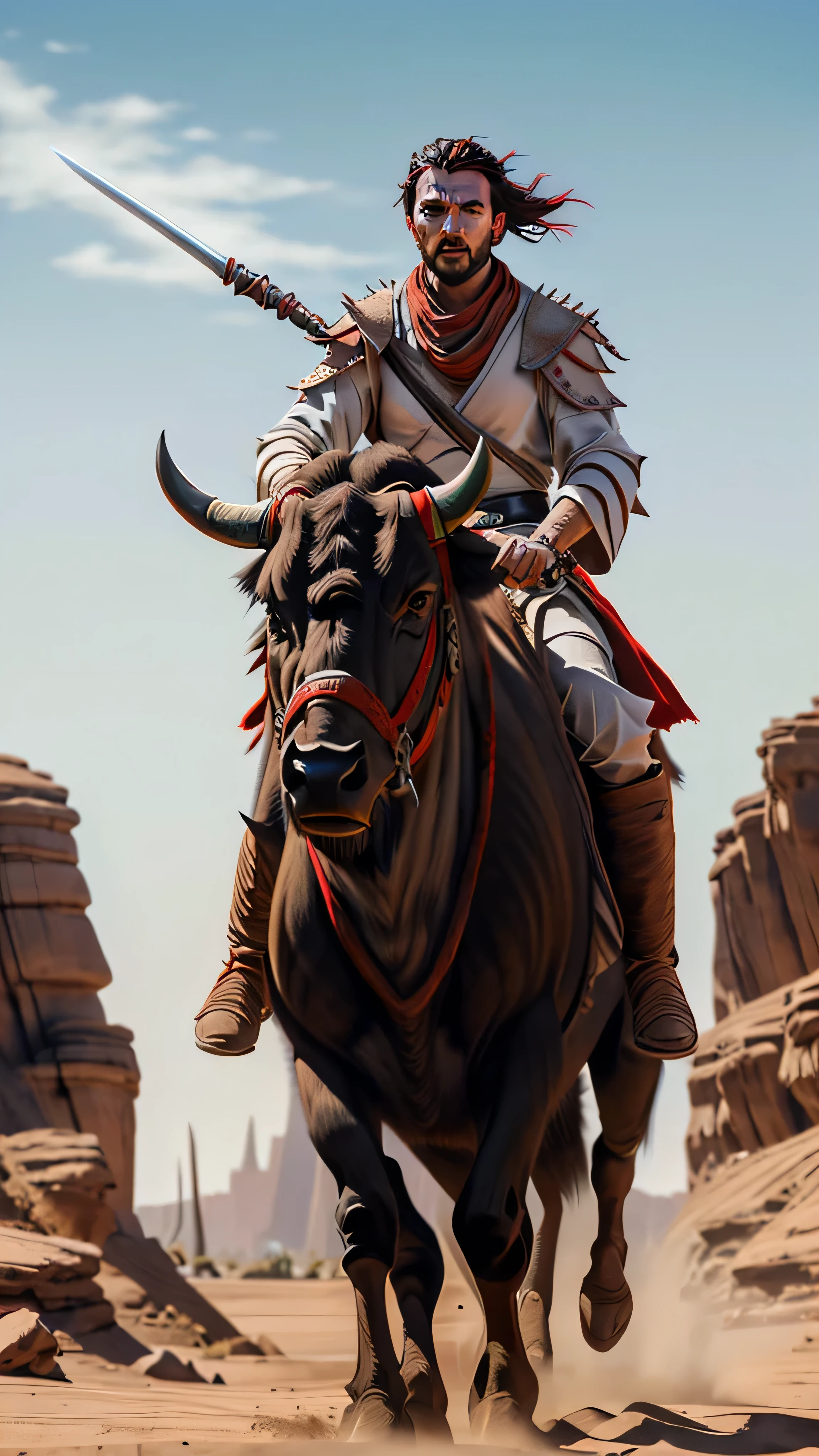 eastern nomad, white jedi outfit, red keffiyeh, orange loincloth, (spear), (riding on a (black armored buffalo)), (spikes), (masterpiece, best quality), (green eyes), (hyper realistic:1.6), ((detailed face)), ((award-winning)), (sharp), (8k resolution), (cinematic lighting)