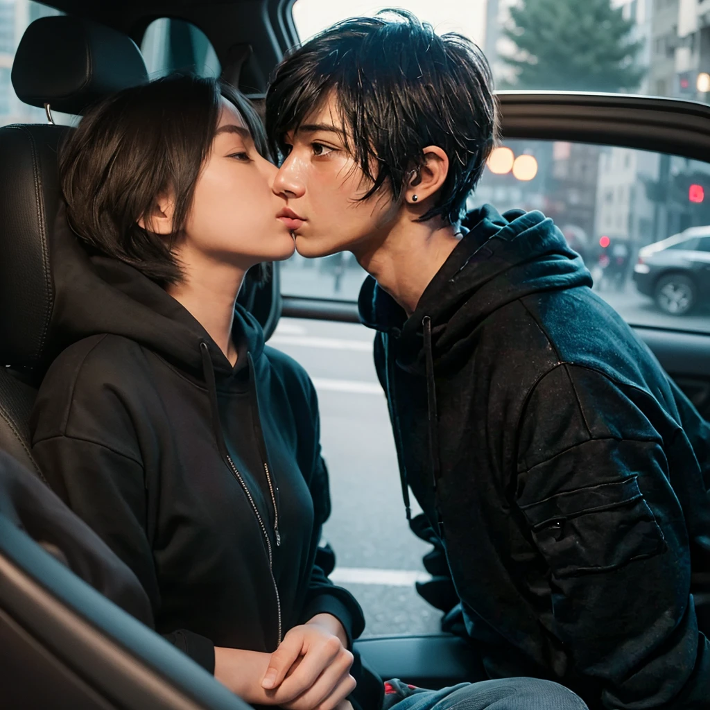Pixar, Short-haired man,,Black hoodie,Black Cargo Pants,In the car,Night in the city,Kissing a woman with bob hair and a white shirt