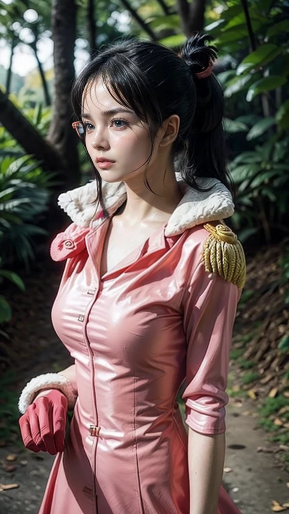 Moisturized skin, (beautiful eyes), realistic body, (adult female body), ((shy)), looking diagonally downward, (red frame glasses: 1.4),
BREAK,
bright red lipstick, (beautiful navel),
BREAK,
(folded ponytail: 1.2),
BREAK,
((masterpiece + highest quality + high resolution + highly detailed)), (full body: 1.2), symmetrical, one shot,
BREAK,
(leaves fluttering), (wind blowing), (battle stance: 1.4),
BREAK,
(ONE PIECE: 1.3), elegant, navy, colonel, (large Japanese sword), glasses, black hair, pink long coat, epaulettes, pink gloves, long coat draped over shoulders, open shirt, tight shirt, floral shirt,