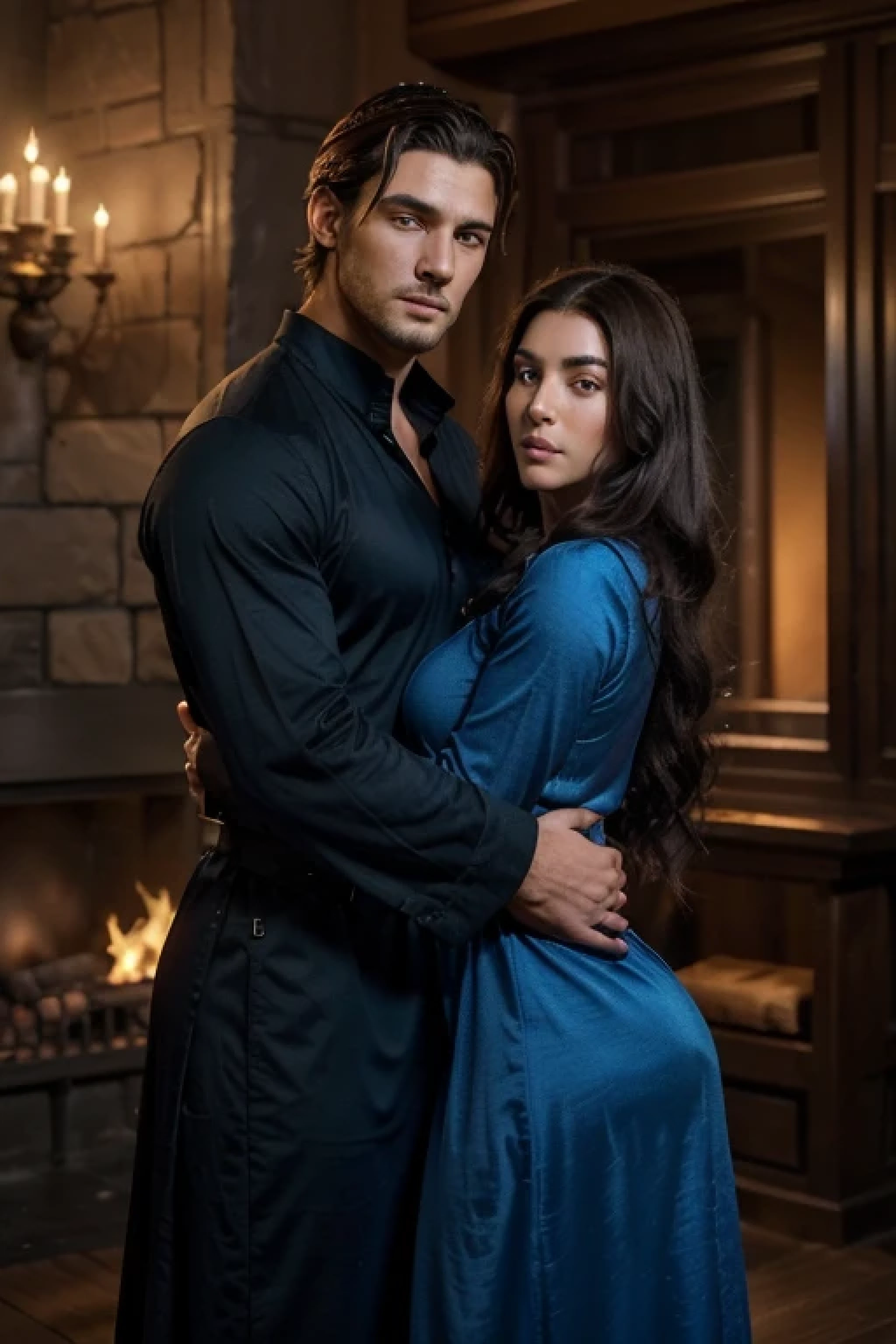 real picture, high resolution, Rigel Sky (handsome man aged 30, short dark brown hair, fire mage fantasy, high 190 cm, tough body 80 kg, blue shirt) hugging Aroura Steve (beautiful woman aged 25, high 168 cm, fair skin, long waving black hair, long dress) background palace in historical fantasy