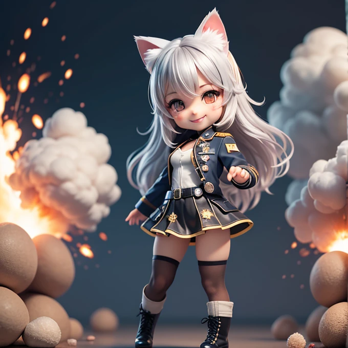 Chibi Character, A silver-haired girl with cat ears wearing a military uniform, smile, mini skirt, See-through tights, Combat Boots, Open chest, Throw kiss, Explosion on background，Atomic cloud