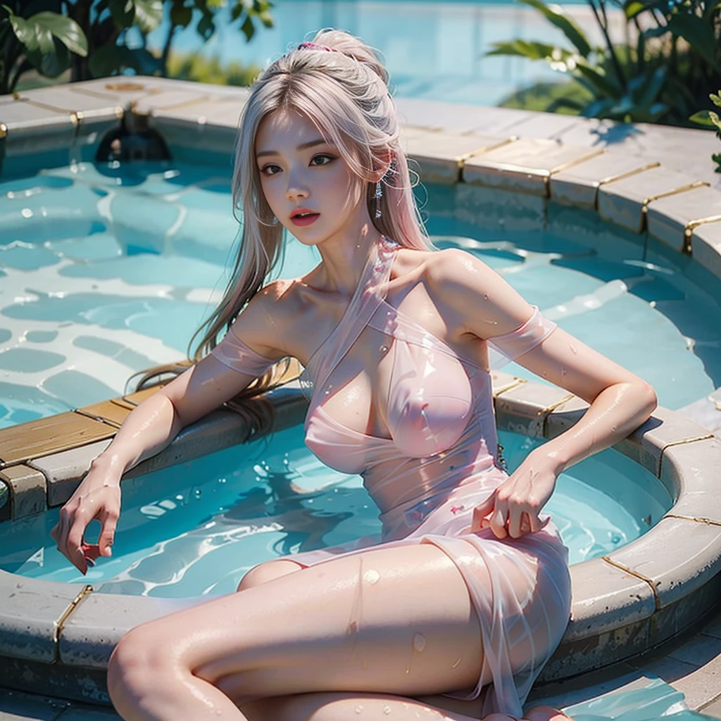 (highest quality、4K、masterpiece:1.3)、Beautiful woman、1 girl、sexly:1.1、Wet golden white hair:1.1、)、(Eyes closed),highly detailed face、lip details、detailed eye、double eyelid、(Pink nipples are transparent)、(Translucent off-shoulder wet white dress)、(she is wet)、(Woman by the pool)、Lying in the pool、