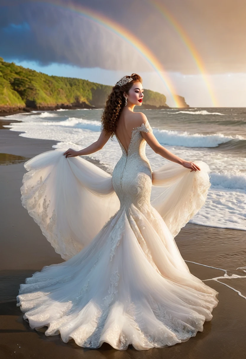 In the setting sun with a beautiful rainbow in the background next to the beach，A beautiful adult woman with curly red lips in an elegant and intricate wedding dress，elegant figure，As elegant as a swan, carries an aura as powerful as a deusa of the seas