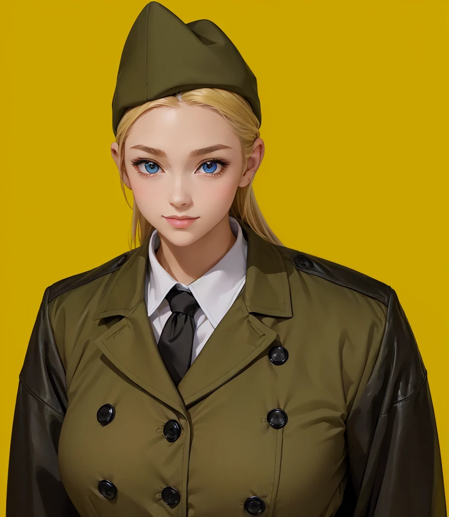 Female, (girls:1.5), (exceptional, best aesthetic, new, newest, best quality, anime, waifu:1.2), best quality, ultra detailed, absurdres, highres, colored, good anatomy, normal eyes, centered eyes, no cockeyed, no cross-eyes black hair, pretty smiling kind face, blonde hair, blue eyes, olive color soft hat, olive color coat, inside white shirt, black tie,