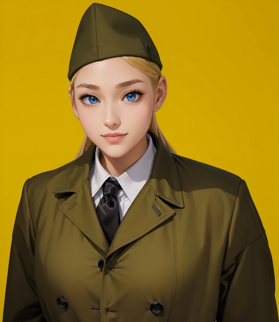 Female, (girls:1.5), (exceptional, best aesthetic, new, newest, best quality, anime, waifu:1.2), best quality, ultra detailed, absurdres, highres, colored, good anatomy, normal eyes, centered eyes, no cockeyed, no cross-eyes black hair, pretty smiling kind face, blonde hair, blue eyes, olive color soft hat, olive color coat, no buttons on the coat, inside white shirt, black tie,