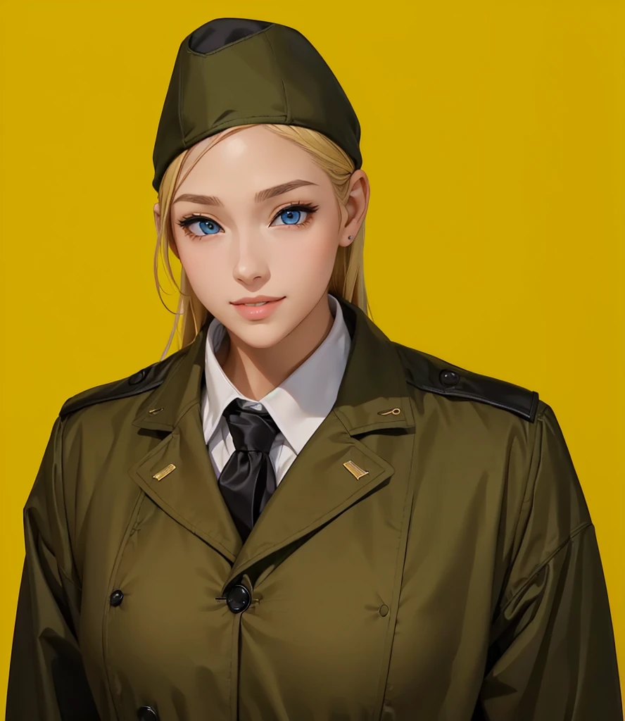 Female, (girls:1.5), (exceptional, best aesthetic, new, newest, best quality, anime, waifu:1.2), best quality, ultra detailed, absurdres, highres, colored, good anatomy, normal eyes, centered eyes, no cockeyed, no cross-eyes black hair, pretty smiling kind face, blonde hair, blue eyes, olive color soft hat, olive color coat, inside white shirt, black tie,