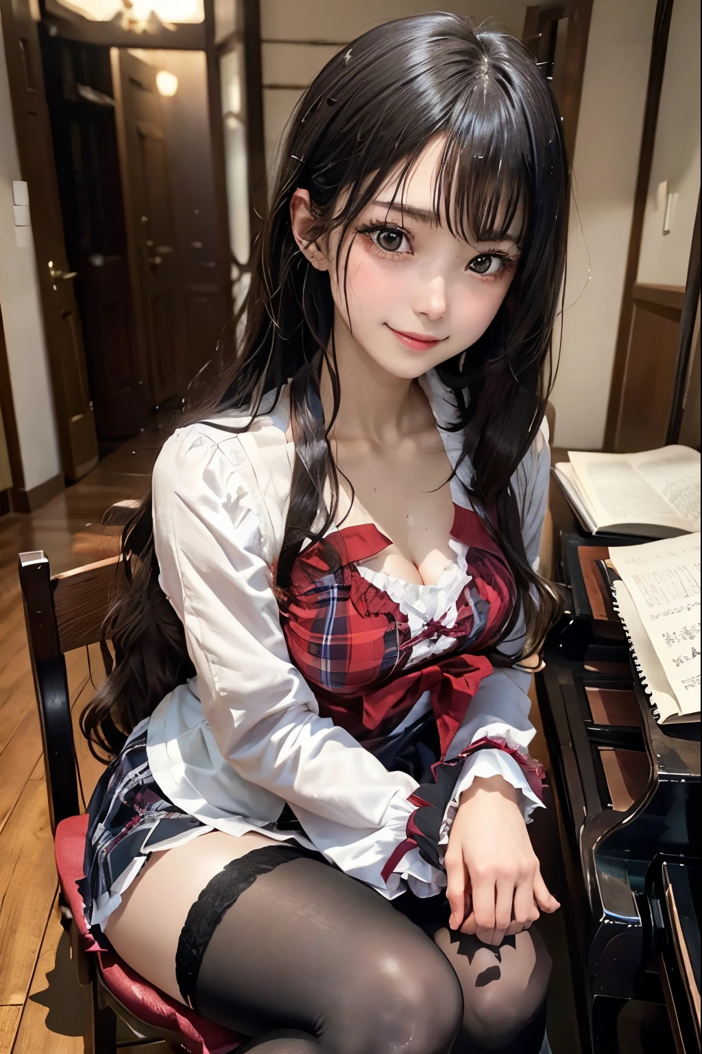 high school girlブレザー、high school girl、Red checked skirt、JK Style、Jacket、smile、garter、Knee socks、Panty stocking、Otherworldly beauty、Extraordinarily cute、boredom、unusual beauty、Dark black eyeshadow、sorrow、Good skin glow、Long Hair Straight Hair、Dark Gothic Makeup、暗いsmile、Beautiful woman、Stained Glass Background、On the table、Best Quality、5 reference books、Sweat glistens on my chest、Sweat glistens on my face、Thigh sweat、sweating、Black frill East size Regular size、Dark pink hair、Age 22 years old、Sweat sticks to my thighs、I sweat a lot and get sticky。、My thighs are sticky and shiny、Sweating on thighs and chest、Bust size S、Slightly slim、I sweat all over my body、play the piano、Sit down and play an instrument、legs are thin、Two girls、Lesbian couple、Hugging a girl、My female friend has a super cute face、My female friend has a very beautiful face、