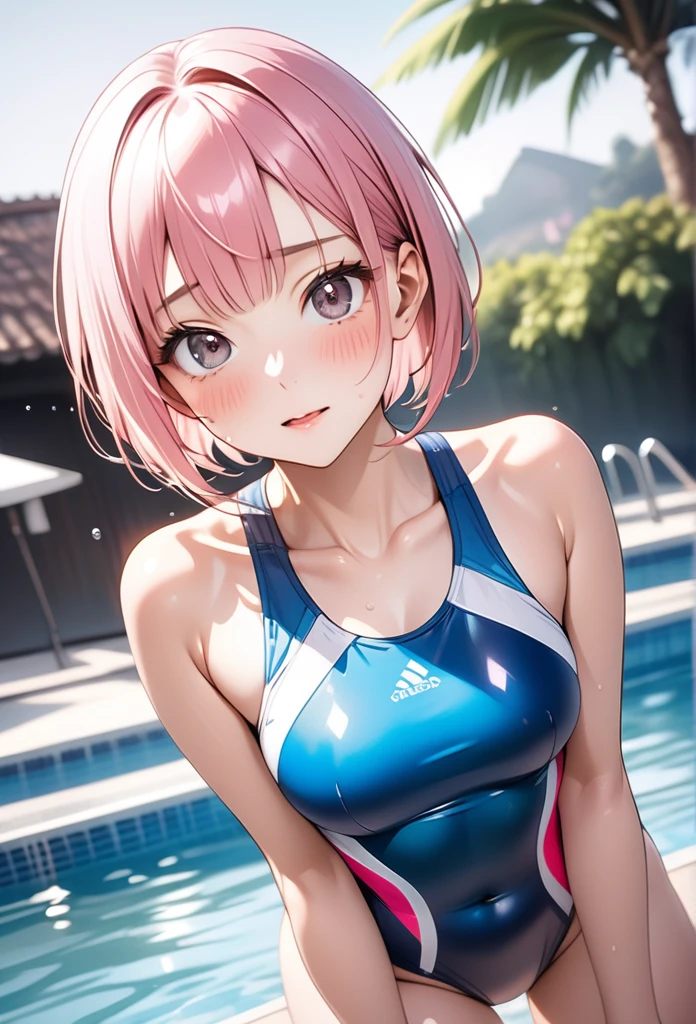 (((competition swimsuit), (Shiny Costumes))), (Navel),with name at suit "JENEPER" skindentation, skinny, solo, 1 woman, Masterpiece, highest quality, highest quality, 16K, incredibly absurd, highly detailed, 2.5D, ai-generated, delicate and dynamic, very delicate facial expressions, delicate eye depiction, erotic, only sexy woman, ((A cute and kind face)), healthy figure, ((25-year-old woman)), 160cm tall, medium firm swaying bust, , (short hair), (pink hair:1.5), bob cut, black eye, blush, Sweat,Embarrassed,sexy, ((thin thighs)), (camel toe:0.7), (visible nipples:0.5), (Erect nipples,:0.7), shiny and lustrous, facing straight at viewer, (((in heat))), ((Oily_skin)), ((dutch angle)), ((erotic pose)),Relaxing by the pool in midsummer