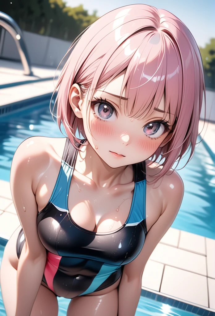 (((competition swimsuit), (Shiny Costumes))), (Navel),with name at suit "JENEPER" skindentation, skinny, solo, 1 woman, Masterpiece, highest quality, highest quality, 16K, incredibly absurd, highly detailed, 2.5D, ai-generated, delicate and dynamic, very delicate facial expressions, delicate eye depiction, erotic, only sexy woman, ((A cute and kind face)), healthy figure, ((25-year-old woman)), 160cm tall, medium firm swaying bust, , (short hair), (pink hair:1.5), bob cut, black eye, blush, Sweat,Embarrassed,sexy, ((thin thighs)), (camel toe:0.7), (visible nipples:0.5), (Erect nipples,:0.7), shiny and lustrous, facing straight at viewer,  (((in heat))), ((Oily_skin)), ((dutch angle)), ((erotic pose)),Relaxing by the pool in midsummer