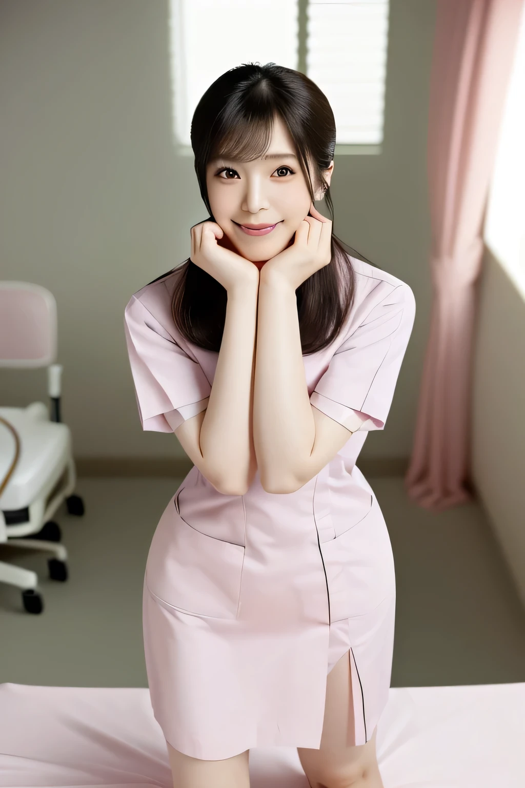 masterpiece,best quality,4k,(full shot),1girl, (hands under chin:1.4), standing, smiling beautiful Japanese female nurse wearing pink nurse uniform, hourglass, slim, beautiful detailed face, black hair, pale skin, fair skin, realistic skin, detailed cloth texture, detailed hair texture, Perfect proportion, accurate, Anatomically correct, Highly detailed face and skin texture, modern hospital room, photorealistic, looking at viewer