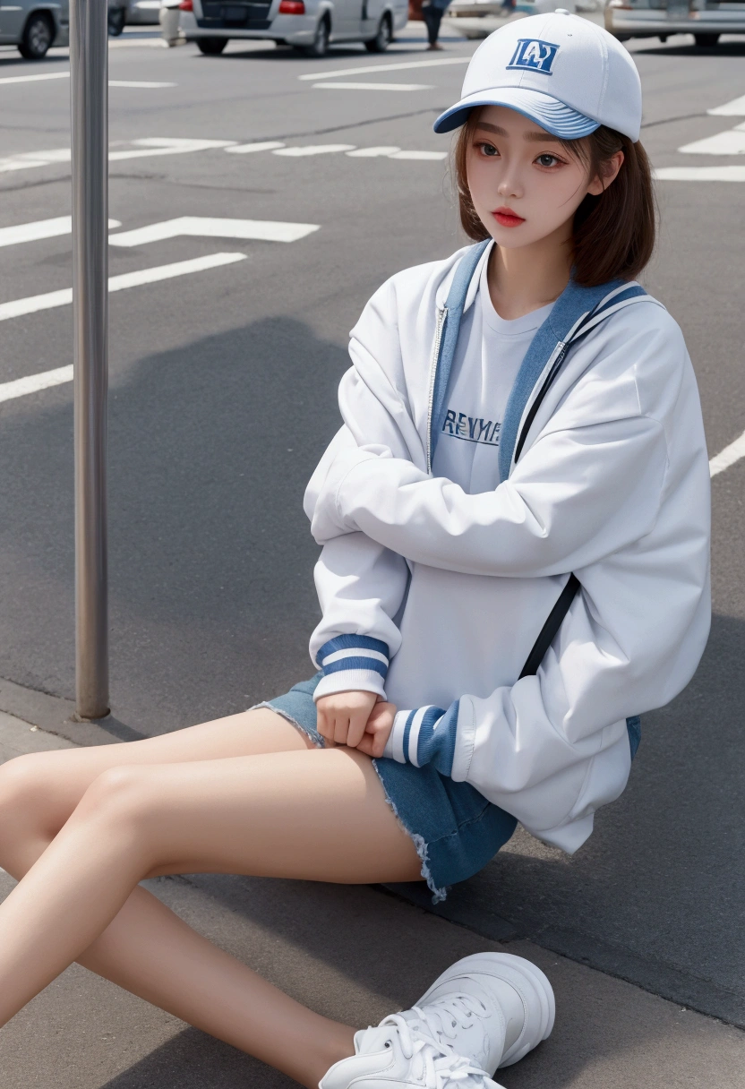 masterpiece,best quality,1 Girl,cap,Trainer,street