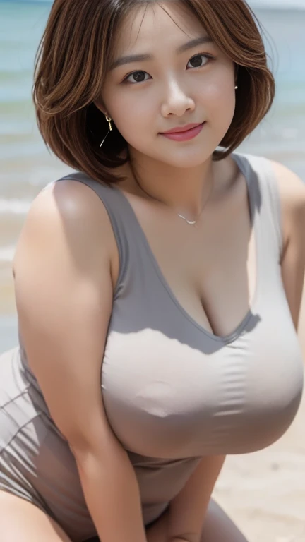 (8K, best quality, masterpiece, Golden Ratio Composition,:1.3, Panoramic view, Full body picture), (40 year old plump Japanese woman at the beach), (90 kg obese body), (Wearing a turtleneck :1.2), (Legs close-up), (Intellectual beauty), (Plump long legs), (Huge breasts), (No upper body exposed), (Cropped pants), (Wear work clothes), Soft face line, Gentle and beautiful, (Silver short hair),