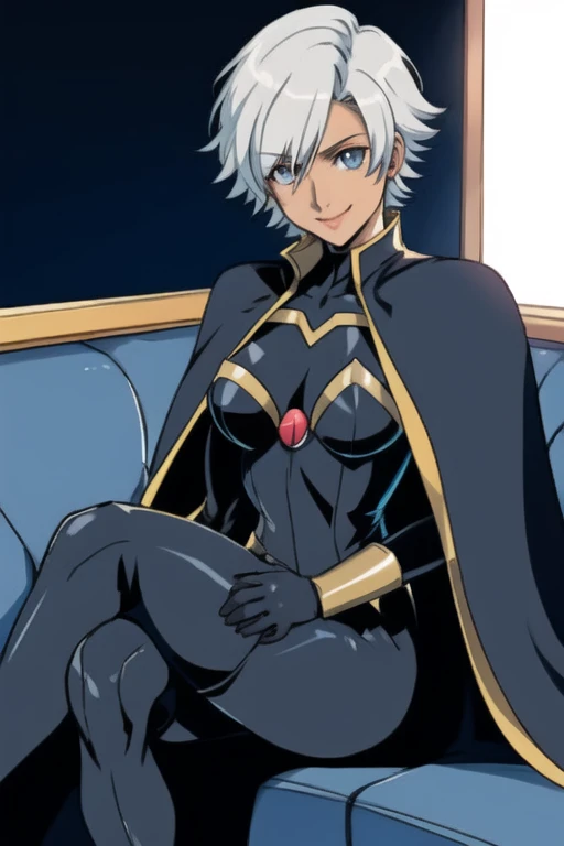 X men, 1girl, solo, cape, long cape, thigh highs, gloves, Ororo, bodysuit, strapless, white hair, short hair, sitting, couches , smile