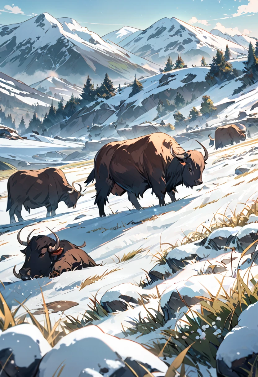 Grasslands under snowy mountains，A group of yaks eating grass，Beautiful scene，Rich in details