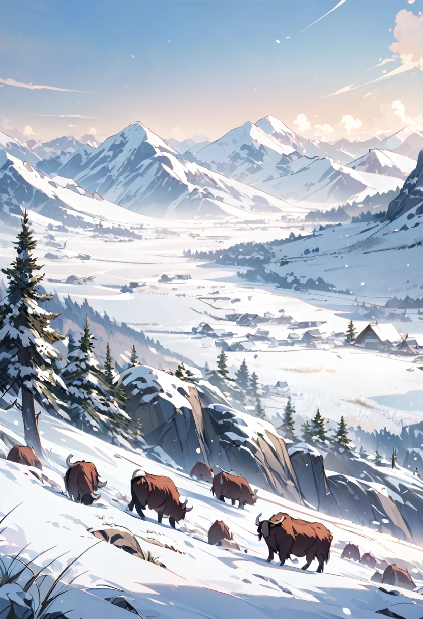 Grasslands under snowy mountains，A group of yaks eating grass，Beautiful scene，Rich in details