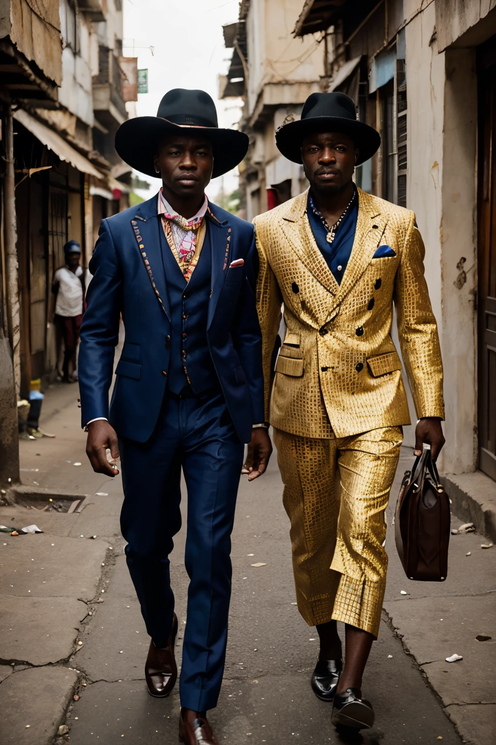 a striking and contrasting scene featuring the sapeurs of Congo. The sapeurs should be dressed in elegant, colorful suits, each with unique patterns and designs. Include details like polished shoes, fashionable hats, and matching accessories. The background should depict the slums of Congo, with makeshift homes and narrow, bustling alleyways. The contrast between the sapeurs' sophisticated attire and the humble surroundings should highlight their resilience, confidence, and unique sense of style amidst adversity.