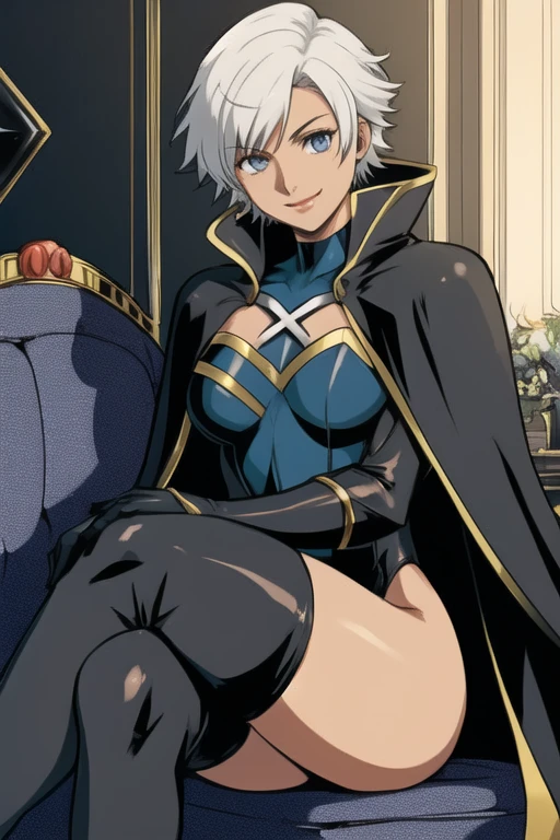 X men, 1girl, solo, cape, cloak, thigh highs, gloves, Ororo, bodysuit, strapless, white hair, short hair, sitting, couches , smile