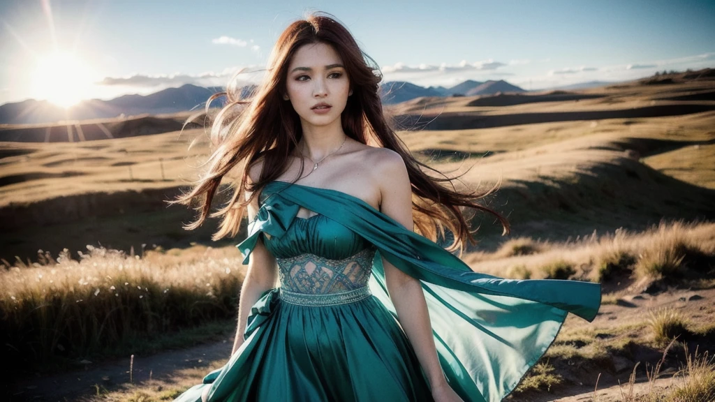 Beneath the open blue sky, a lone figure stands amidst a sunlit field. Her long red hair dances in the gentle breeze, a stark contrast to the crap and the degradation of her green dress. The natural light bathes her in a soft, cinematic glow, emphasizing the intricate details of her skin. This scene is a masterpiece of serene beauty and meticulous artistry.