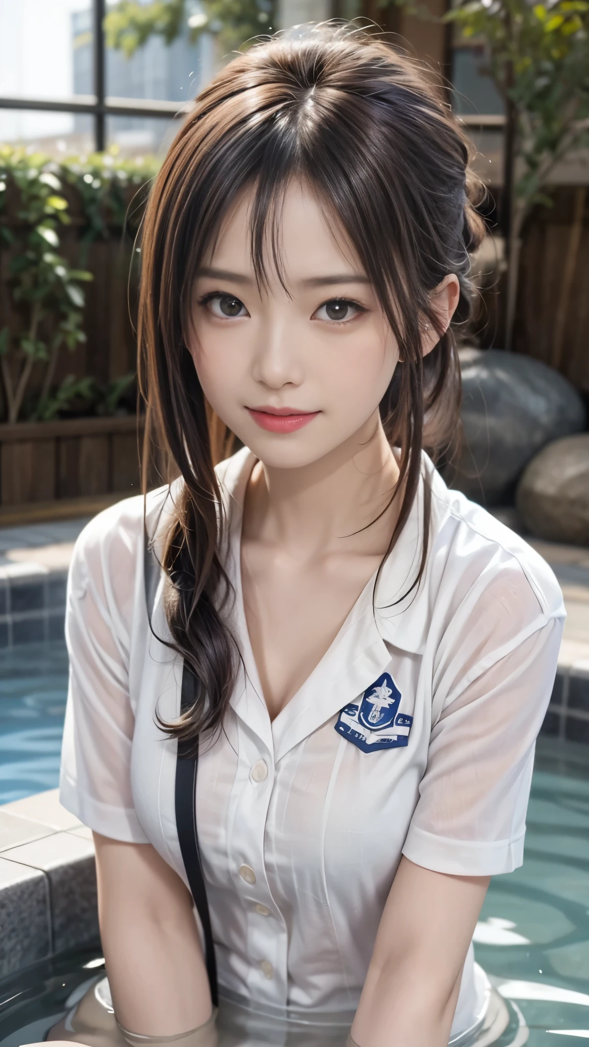 One girl, very cute, Great face and eyes, (Beautiful lovely smile), (Very detailed美しい顔), Bright and shiny lips, Sexy look, Keep staring at me, (Soaking in a hot spring in uniform:1.3), Smooth Skin, so beautiful, Charm, (Highest quality:1.4), (super high quality), (Very detailed), (Ultra-realistic, Photorealistic:1.37), Real skin texture, Intricate details, Very detailed CG 統合 8k 壁紙, RAW Photos, Professional photography, Cinema Lighting,