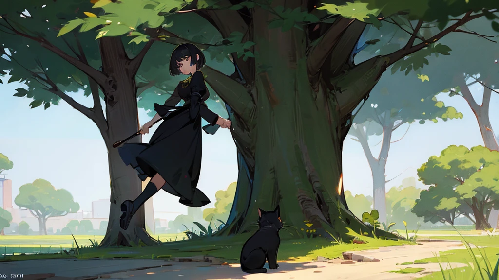 1 female, Accompanied by a cat, short hair, Black cat,Dryad