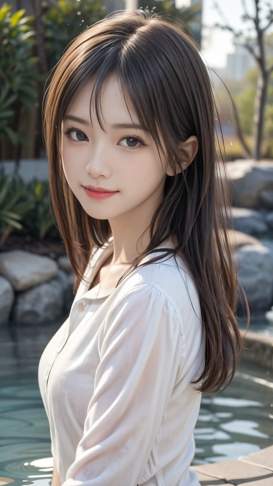 A woman with long hair standing in front of a pool - SeaArt AI