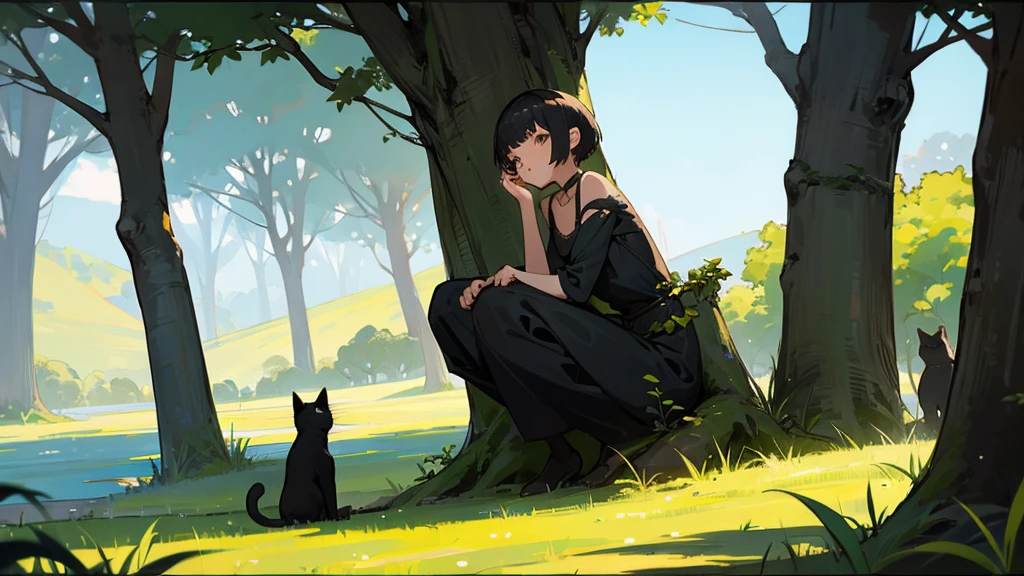 1 female, Accompanied by a cat, short hair, Black cat,Dryad