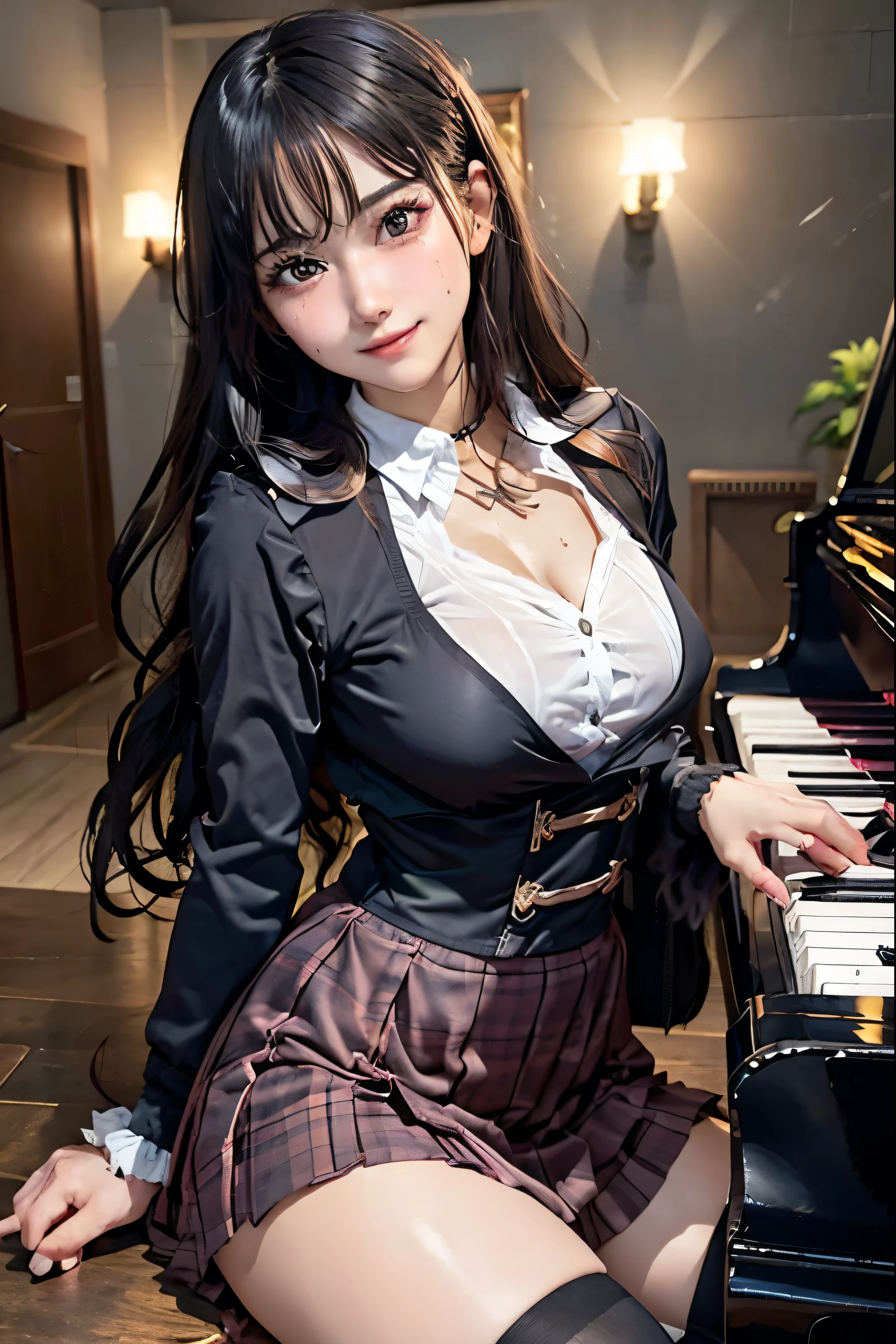 high school girlブレザー、high school girl、Red checked skirt、JK Style、Jacket、smile、garter、Knee socks、Panty stocking、Otherworldly beauty、Extraordinarily cute、boredom、unusual beauty、Dark black eyeshadow、sorrow、Good skin glow、Long Hair Straight Hair、Dark Gothic Makeup、暗いsmile、Beautiful woman、Stained Glass Background、On the table、Best Quality、5 reference books、Sweat glistens on my chest、Sweat glistens on my face、Thigh sweat、sweating、Black frill East size Regular size、Dark pink hair、Age 22 years old、Sweat sticks to my thighs、I sweat a lot and get sticky。、My thighs are sticky and shiny、Sweating on thighs and chest、Bust size S、Slightly slim、I sweat all over my body、play the piano、Sit down and play an instrument、legs are thin、Two girls、Lesbian couple、Hugging a girl、My female friend has a super cute face、My female friend has a very beautiful face、
