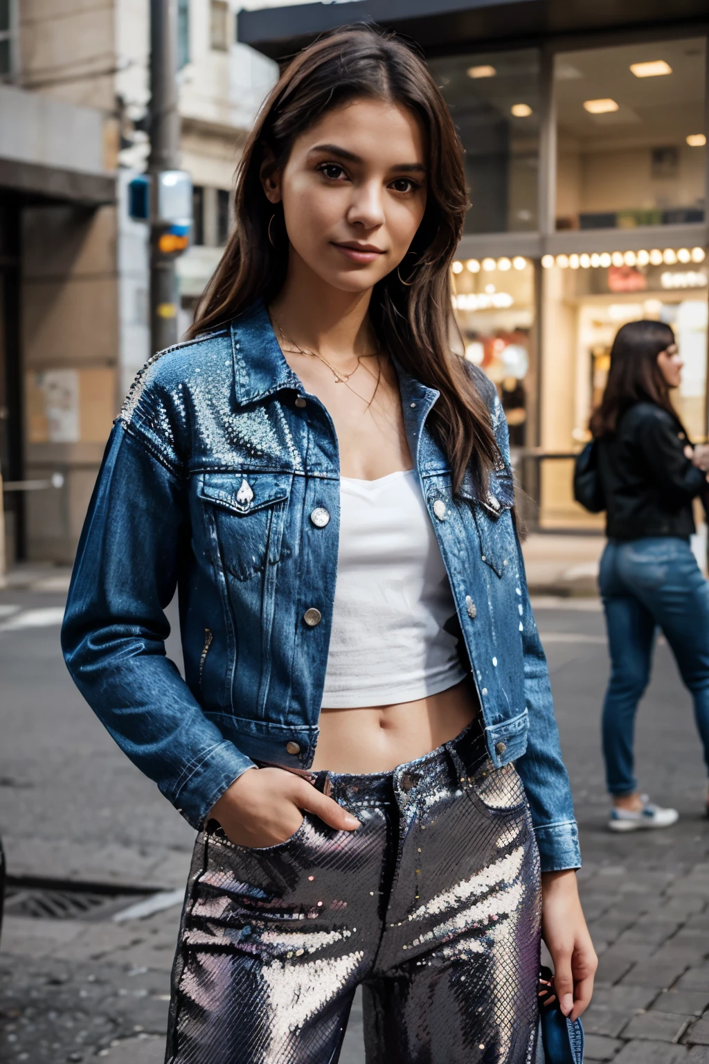 Generate a realistic, human-captured image of a person wearing a denim jacket paired with sequin pants.