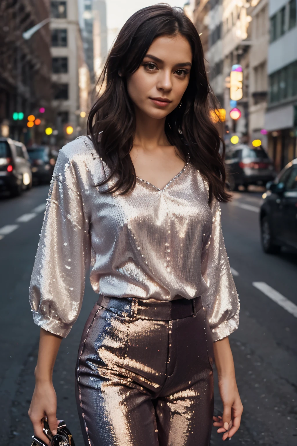 Generate a realistic, human-captured image of a person wearing a satin blouse paired with sequin pants.