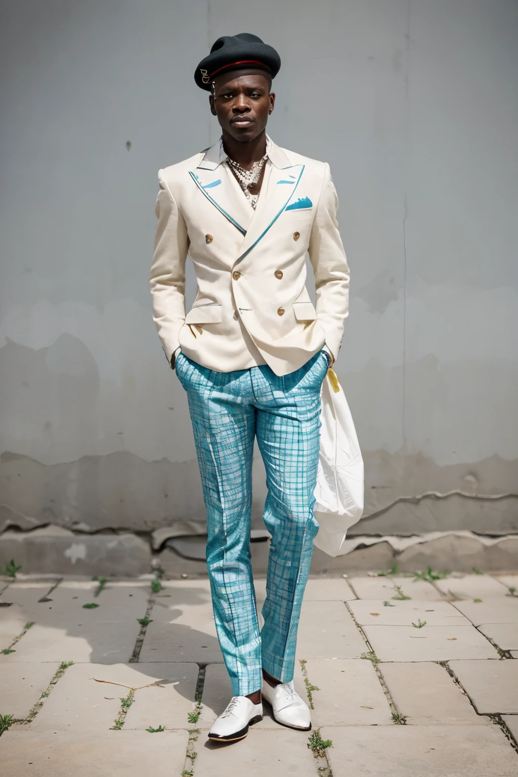 a striking and contrasting scene featuring the sapeurs of Congo. The sapeurs should be dressed in elegant, colorful suits, each with unique patterns and designs. Include details like polished shoes, fashionable hats, and matching accessories. The background should depict the slums of Congo, with makeshift homes and narrow, bustling alleyways. The contrast between the sapeurs' sophisticated attire and the humble surroundings should highlight their resilience, confidence, and unique sense of style amidst adversity.