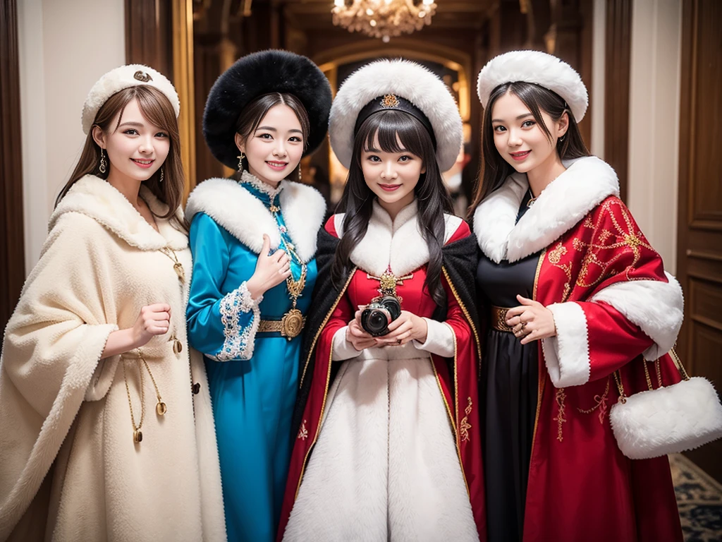 Four women in old Russian dress。Fur Cape、Smiling and looking at the viewer、Fisheye Lens