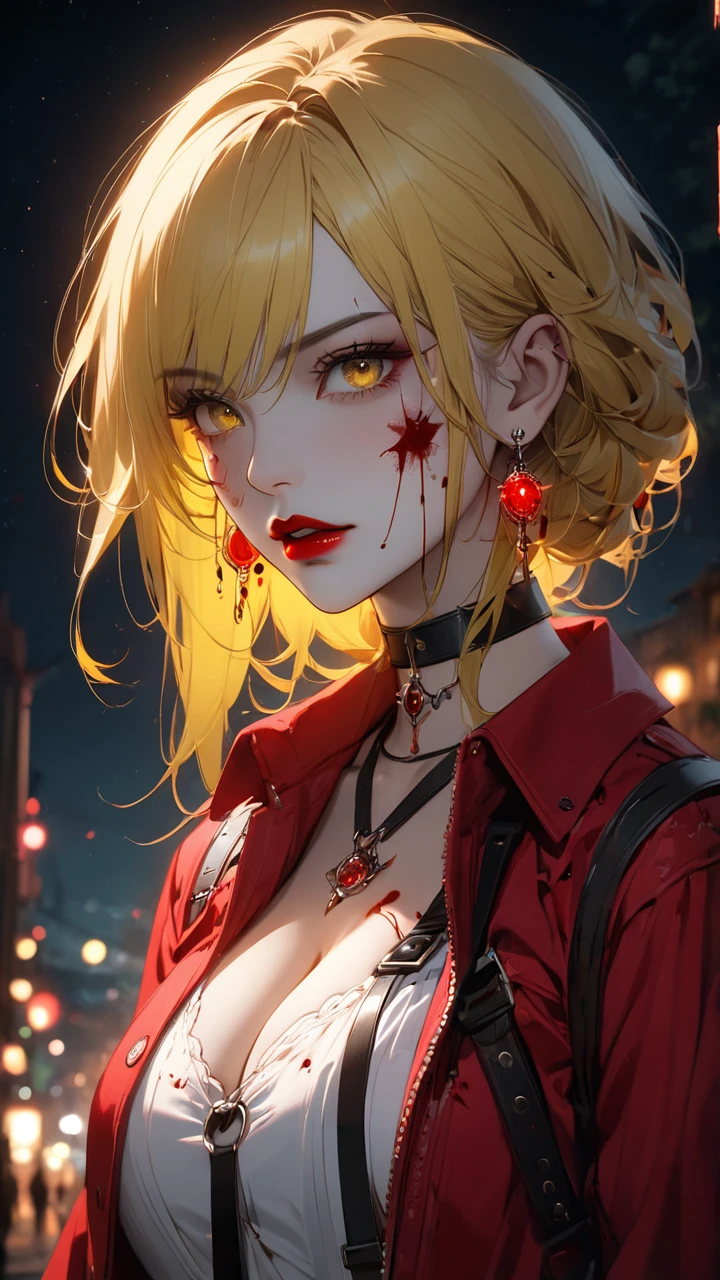 best quality, super_delicate, beautiful, 8k,red jacket, earrings, choker, concept, night, blood on face1:3, red eyes, harness, red lips white shirt, yellow eyes, cleavage half green half yellow hair