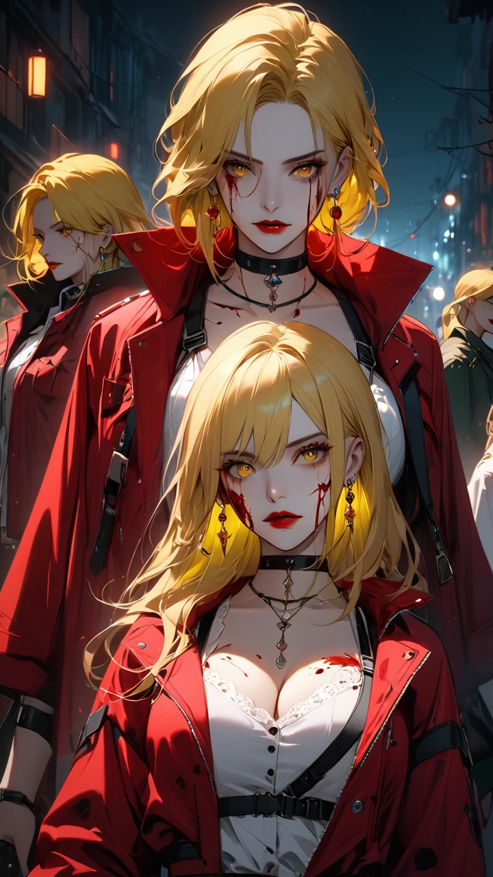 best quality, super_delicate, beautiful, 8k,red jacket, earrings, choker, concept, night, blood on face1:3, red eyes, harness, red lips white shirt, yellow eyes, cleavage half green half yellow hair 