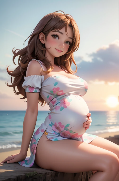 medium breasts, (1 mature WolfGirl, 27 years old 3 months pregnant), (Light brown hair: 5.1, long straight style), brown eyes, Double eyelids, light effect on eyes, wide hips and wide waist, beautiful long turquoise floral print dress with puffy sleeves, Happy smile, natural lips, ((sensual WolfGirl 3 pregnant)), Alone, best quality, work of art, portrait, Flirting with the viewer, Sensual Posture, detailed, perfect anatomy, detailed art, High definition, 4K, High resolution, beautiful sunset, cute position sitting on the rock at the beach