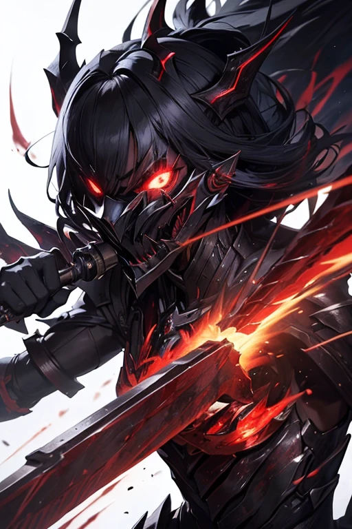 ((masterpiece)), ((Highest quality)), ((Highly detailed composition)), ((Highly detailed texture)), 4K, (8k)、A demonic machine lifeform covered in blood、Sinister black and purple exterior、Sharp blade shell、A blinding flash of light leaks from the gap in the shell.、(A mechanical mask that covers half of the face)、Mouth with sharp fangs、(Holding evil, blood-stained mechanical weapons in both hands)、Attack Motion、((Speed and powerful effects))