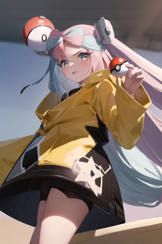 masterpiece, best quality, high resolution, Ion 1, 1 Girl, Long hair, Hair accessories, Long sleeve, Cowboy shooting, (Holding a poke_ball), poke ball \(basic\),