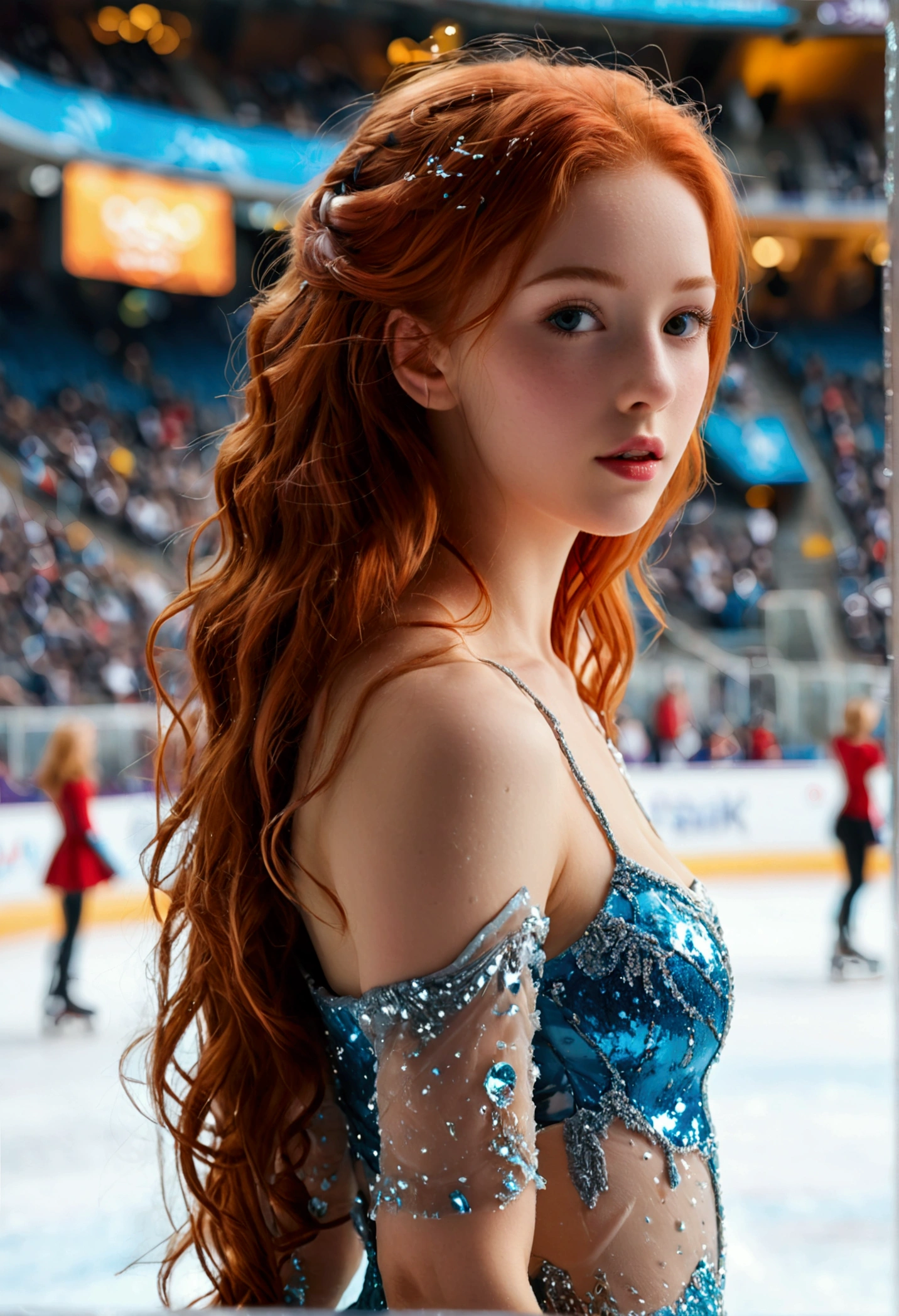 ultra realistic, photography, long red hair, girl, 24 years old, hourglass figure, perfect body, Flirty look, natural breasts, blur background, in a crowded olympic stadium, doing some ice skating, doing skating figures on ice, full body, (full body) (wide shot)
