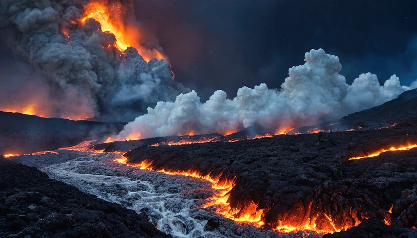 airy lava flow in the middle of a mountain with a dark sky, lava river, lava rivers, lava and smoke, lava flows, fire and lava, magma and lava, flowing lava and ash piles, flowing lava, lava flows, amazing volcanic eruption, erupting lava, lava flowing, fire lava, flowing lava, volcanic eruption, Volcanic embers
