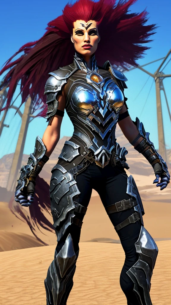 Smell, girlish, rage, Darksiders3, dynamic  pose, intricate pattern, heavy metal, Power lines, Anonymous, bright white eyes, long red hair, wind blew hair, elegant, intense, The outfit is mostly black, with red and black accents, ((heavy armor)),Fury wields a whip, Alone, desert, sunny,Dramatic lighting, (masterpiece:1.2), The best quality, high resolution, beautiful detail, extremely detailed, perfect ilumination,With legs open, 