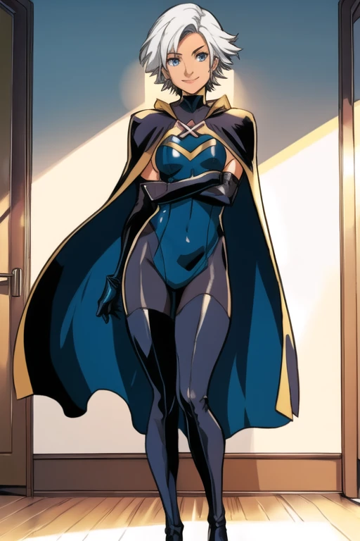 X men, 1girl, solo, cape, long cape, thigh highs, gloves, Ororo, bodysuit, strapless, white hair, short hair, room , standing, smile