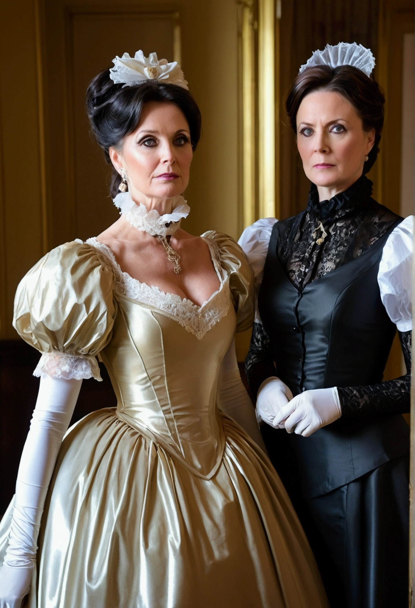 spectacularly beautiful 45 yo trophy wife with elegant makeup and fantastic hourglass figure wearing a very strict Victorian gown with massive crinoline, tall starched lace collar and puff sleeves. shiny metallic gold silk taffeta. arrogantly standing at Carlton Towers guest suite. attended by  her identical twin sister who is dressed in a black pvc formal chambermaid uniform. upper body view