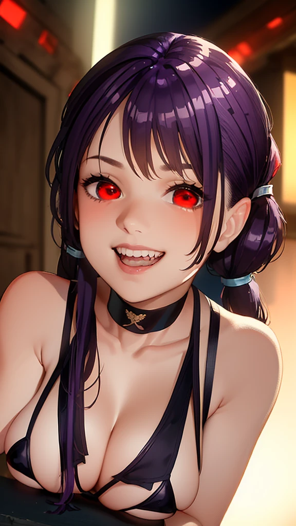 (masterpiece, Highest quality, Very detailed, 8k wallpaper, Realistic), 1 girl, Curvaceous yet slender body, Big Breasts, Colorful printed micro bikini top with exposed nipples, Fleece top with exposed nipples, Shorts, Knee socks, Bangles, choker, Backpack, street, Street lamp, Late Night,(Purple Hair,Twin tails:1.4),(Red eyes,Shining Eyes:1.5), Droopy eyes,Big eyes,(Portraiture:1.7), Grin