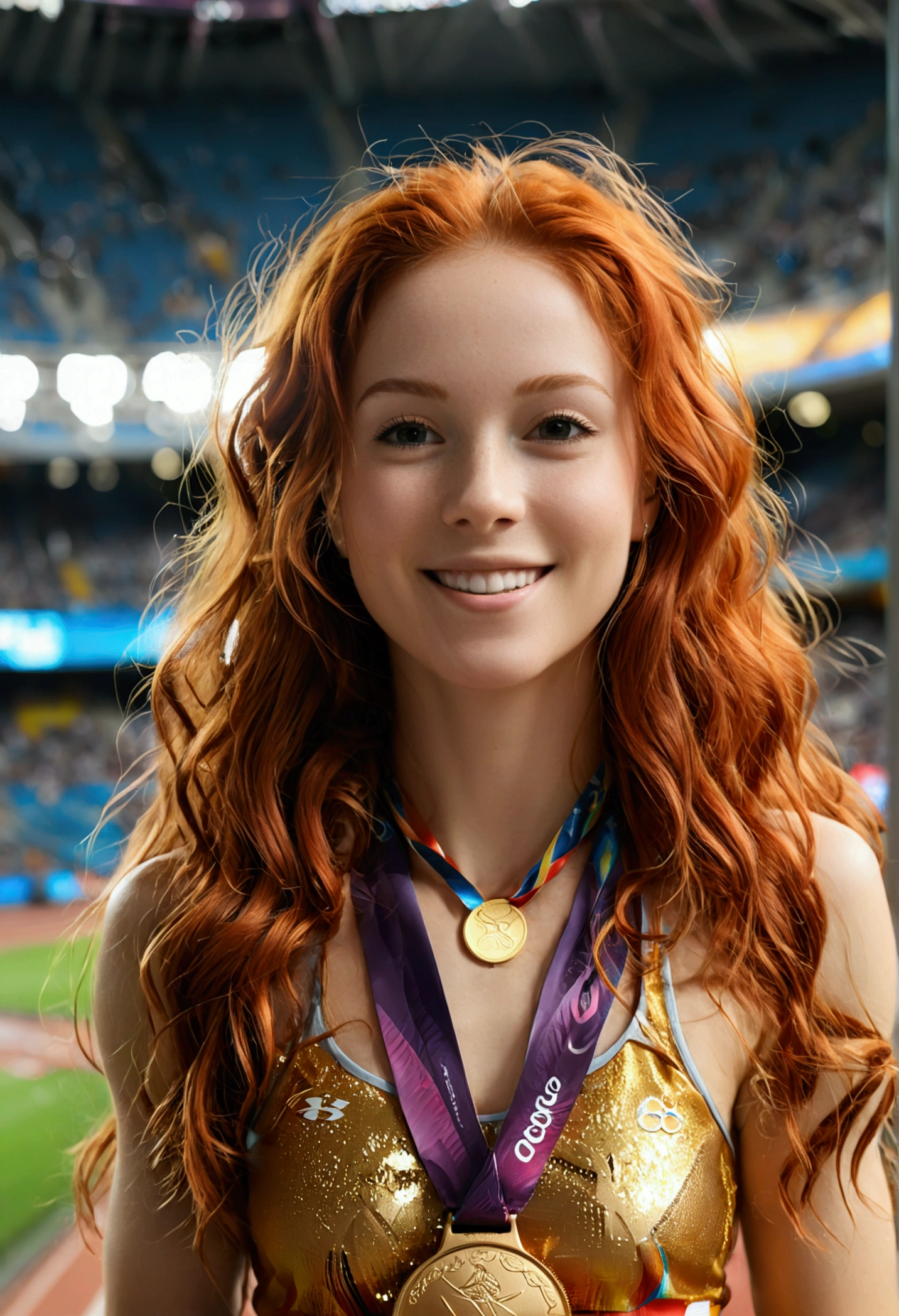 ultra realistic, photography, long red hair, girl, 24 years old, hourglass figure, perfect body, Flirty look, natural breasts, blur background, in a sold out olympic stadium, being an olympic runner, wearinmg a gold medal, smiling, Number 001, wide shot (wide shot)