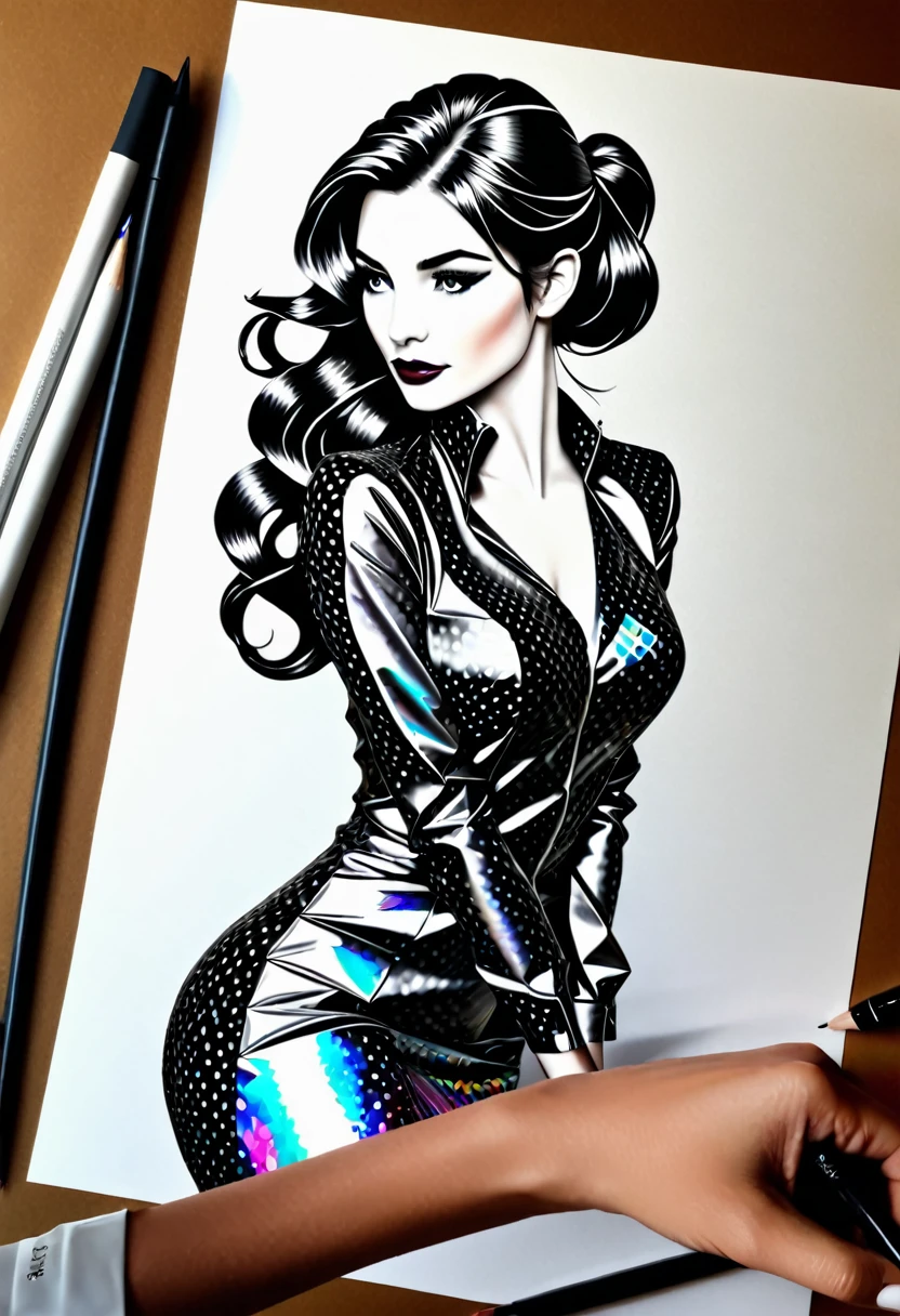 Sur une grande feuille de papier posée sur un bureau,  Dessiner une figurine 4D de style encre uhd époustouflante et à couper le souffle, (mélange de l’art origami et de l’art de la découpe du papier), Art style beautiful woman, (Black latex leopard), detailed, 8k, (Long Wavy Hair:ponytail), masterpiece, high quality, high quality, High resolution, View from behind, effet holographique qui semble sortir de la feuille de dessin, dessin extrêmement détaillé, hyperréaliste, Des détails sublimes. Un travail vraiment remarquable, travail joyeux et sensuel, (sublime poitrine effet push-up qui semble sortir de la feuille de dessin, effet 3d époustouflant), ((proportions parfaites, masterpiece, hyperRéaliste, masterpiece, superior quality, high resolution, Extremely detailed, highly detailed 8K wallpaper, détails fractales))