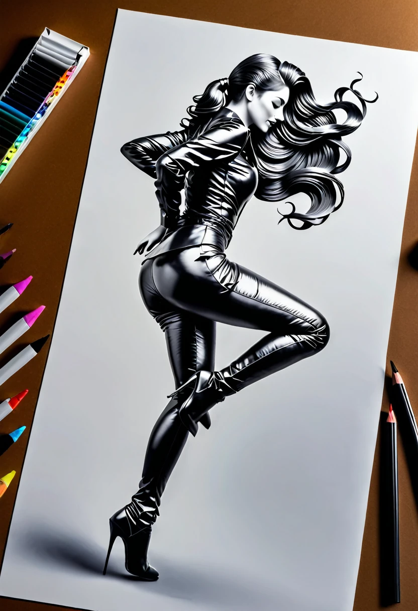 Sur une grande feuille de papier posée sur un bureau, Dessiner une figurine 4D de style encre uhd époustouflante et à couper le souffle, (mélange de l’art origami et de l’art de la découpe du papier), Art style beautiful woman, (Black latex leopard), detailed, 8k, (Long Wavy Hair:ponytail), masterpiece, high quality, high quality, High resolution, View from behind, effet holographique qui semble sortir de la feuille de dessin, dessin extrêmement détaillé, hyperréaliste, Des détails sublimes. Un travail vraiment remarquable, travail joyeux et sensuel, (sublime poitrine effet push-up qui semble sortir de la feuille de dessin, effet 3d époustouflant), ((proportions parfaites, masterpiece, hyperRéaliste, masterpiece, superior quality, high resolution, Extremely detailed, highly detailed 8K wallpaper, détails fractales))