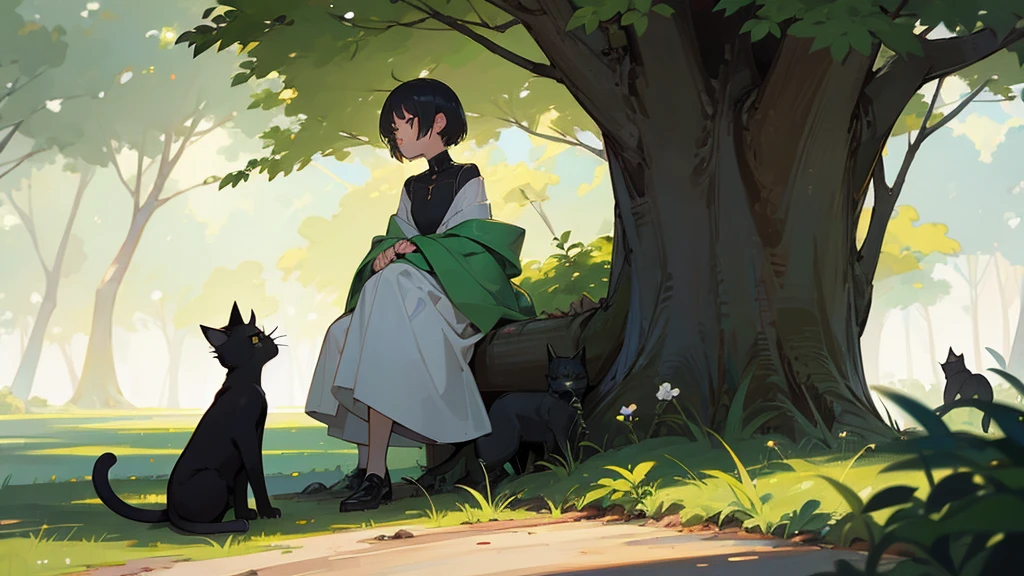 1 female, Accompanied by a cat, short hair, Black cat,Dryad