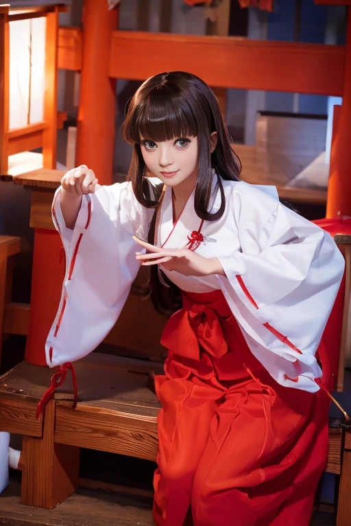 (Shrine maiden、Shrine maiden装束、Shrine maiden衣装、Red and white kimono、Shrine maidenコスチューム)、smile、1 girl、Bob Hair、Brown Hair、Medium breast、Stone steps of the shrine、masterpiece:1.3、Highest quality、Raw photo、Anatomically accurate hands and feet、Anatomically correct fingers、geta、