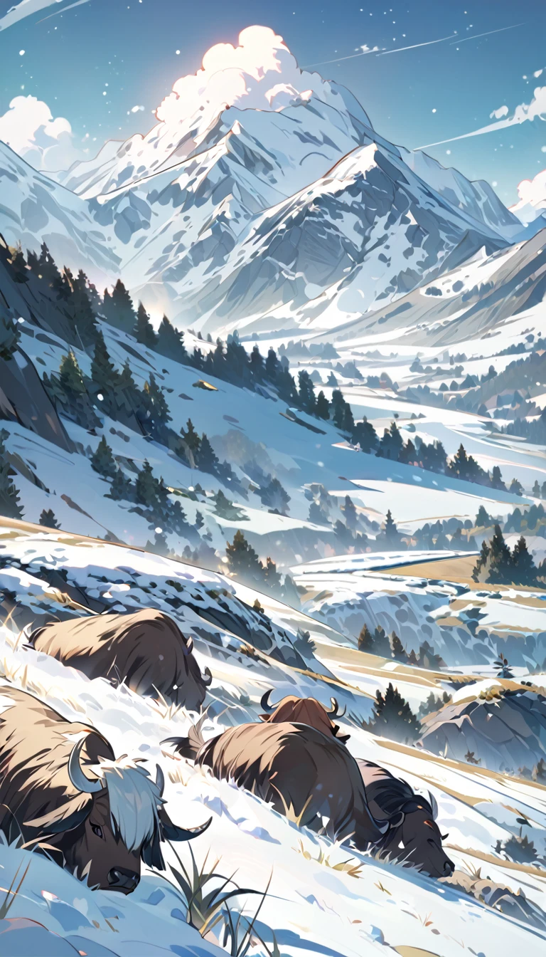 Grasslands under snowy mountains，A group of yaks eating grass，Beautiful scene，Rich in details