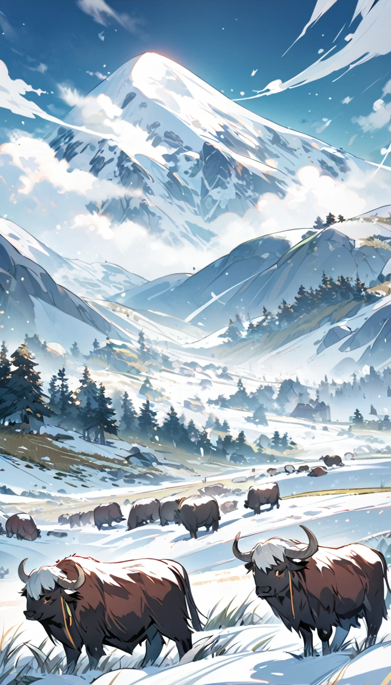 Grasslands under snowy mountains，A group of yaks eating grass，Beautiful scene，Rich in details