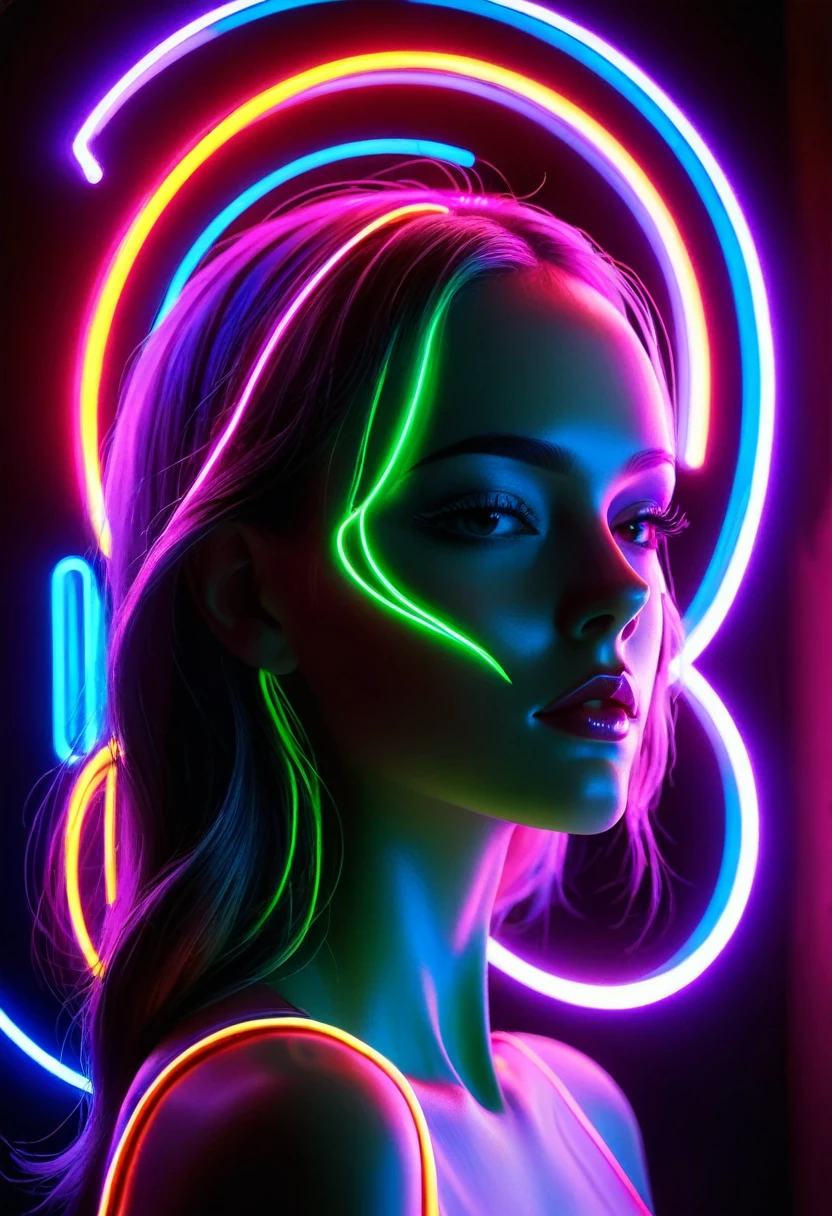 Side face contour，The shadow of a beauty under neon lights,Huge neon signboard，(Neon sign with text:1.5)
